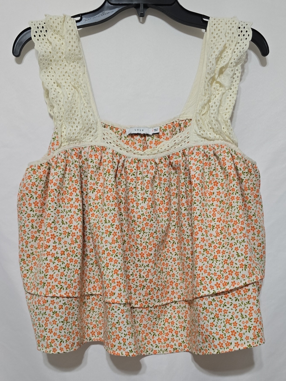 LUSH Ditsy Floral Tiered Crop Cami Top White Orange Eyelet Lace Ruffle Straps